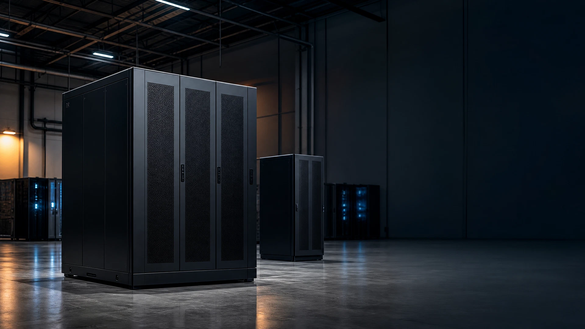 Large unbranded commercial UPS cabinet in an industrial warehouse