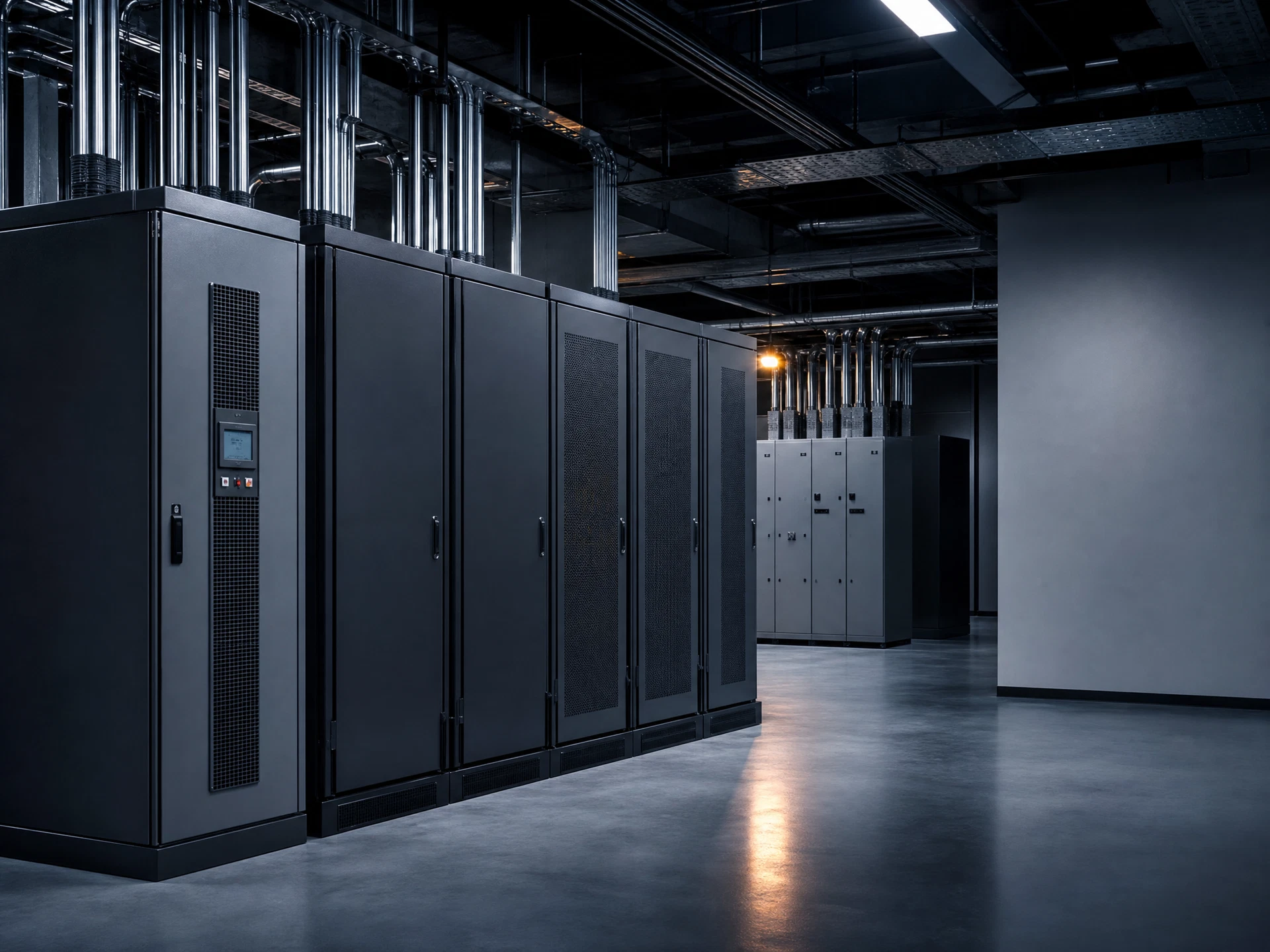 Unbranded UPS cabinet bank and power distribution equipment in a data-center facility