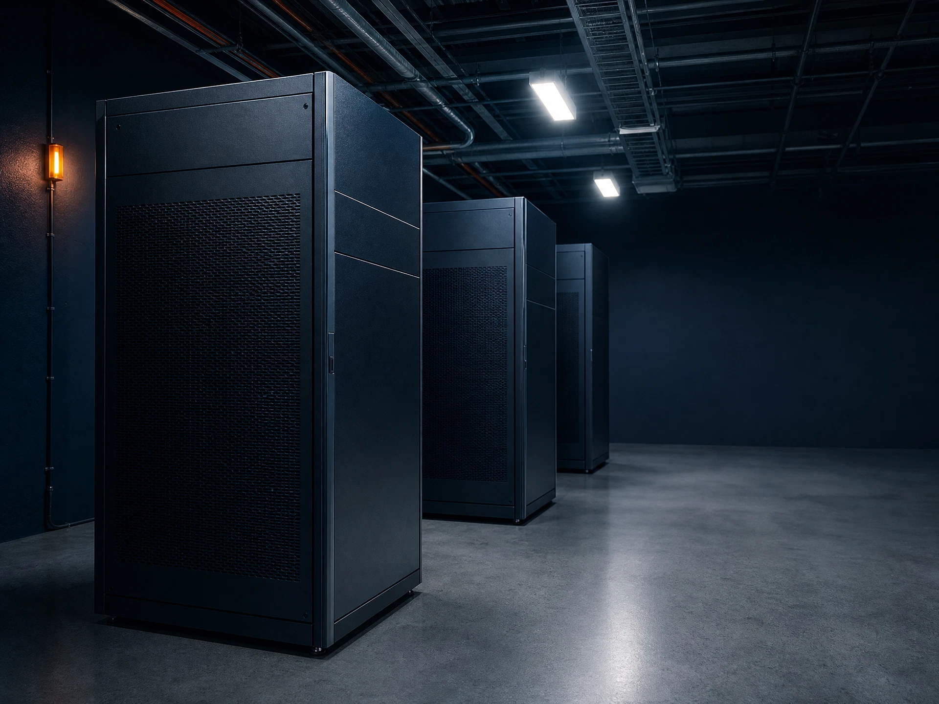 Unbranded modular commercial UPS cabinets in a controlled equipment room